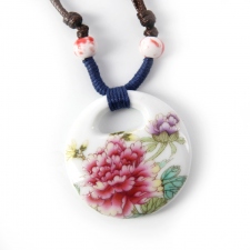 景德镇 陶瓷饰品 女款 圆形 牡丹盛开 首饰 项链 吊坠